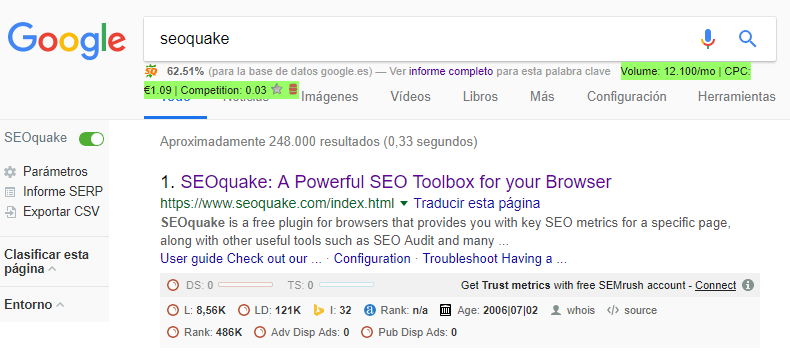 SERP overlay de SEOquake