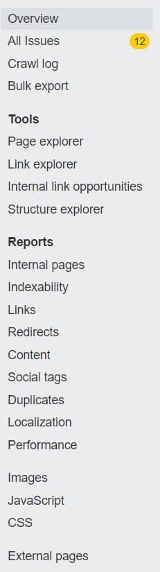 Detalle del menú de un auditoría con Ahrefs Detalle del menú de un auditoría con Ahrefs